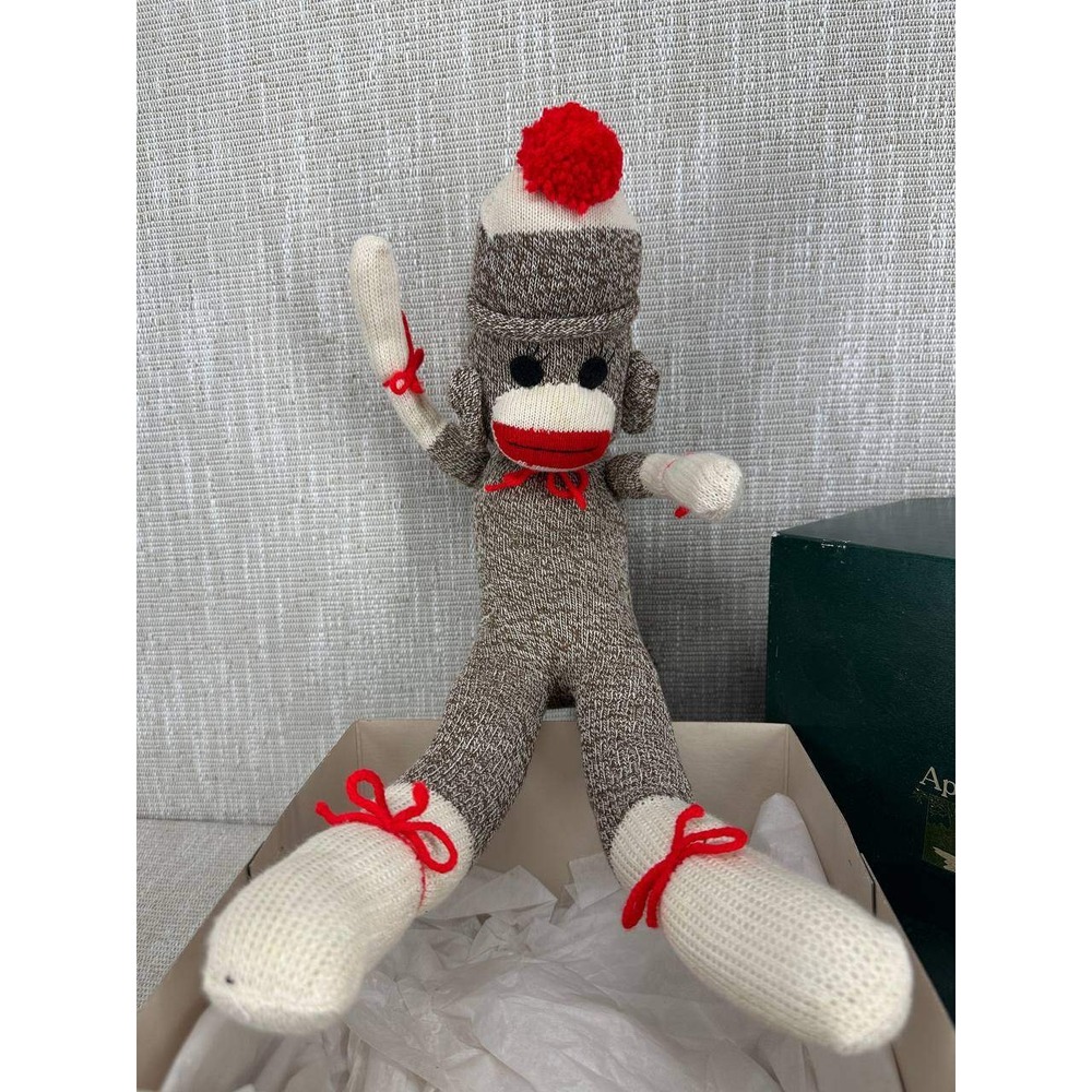Vintage Handmade Sock Monkey Plush Brown Knit Red Pom Pom Hat 19 Inch 039-3